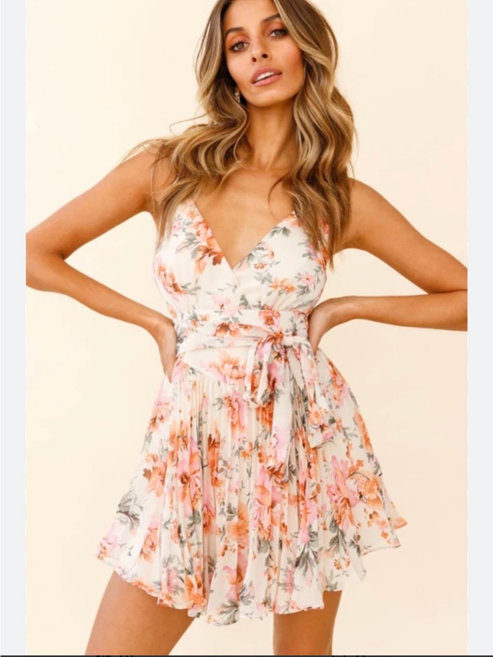 Selfie Leslie Cream Floral Asymmetrical Pleated V-Neck Sundress